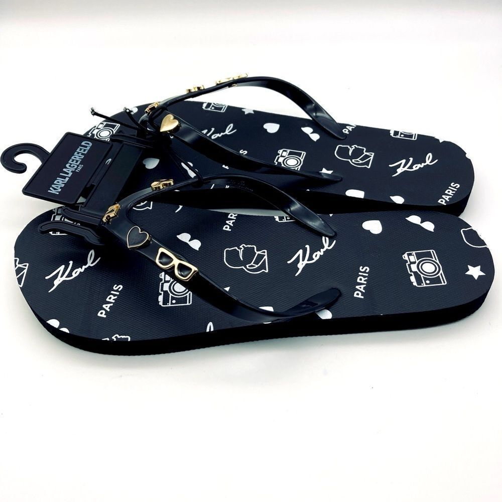 NWT Karl Lagerfeld Paris Women’s Signature Logo Black Sandals 8M - Picture 2 of 8